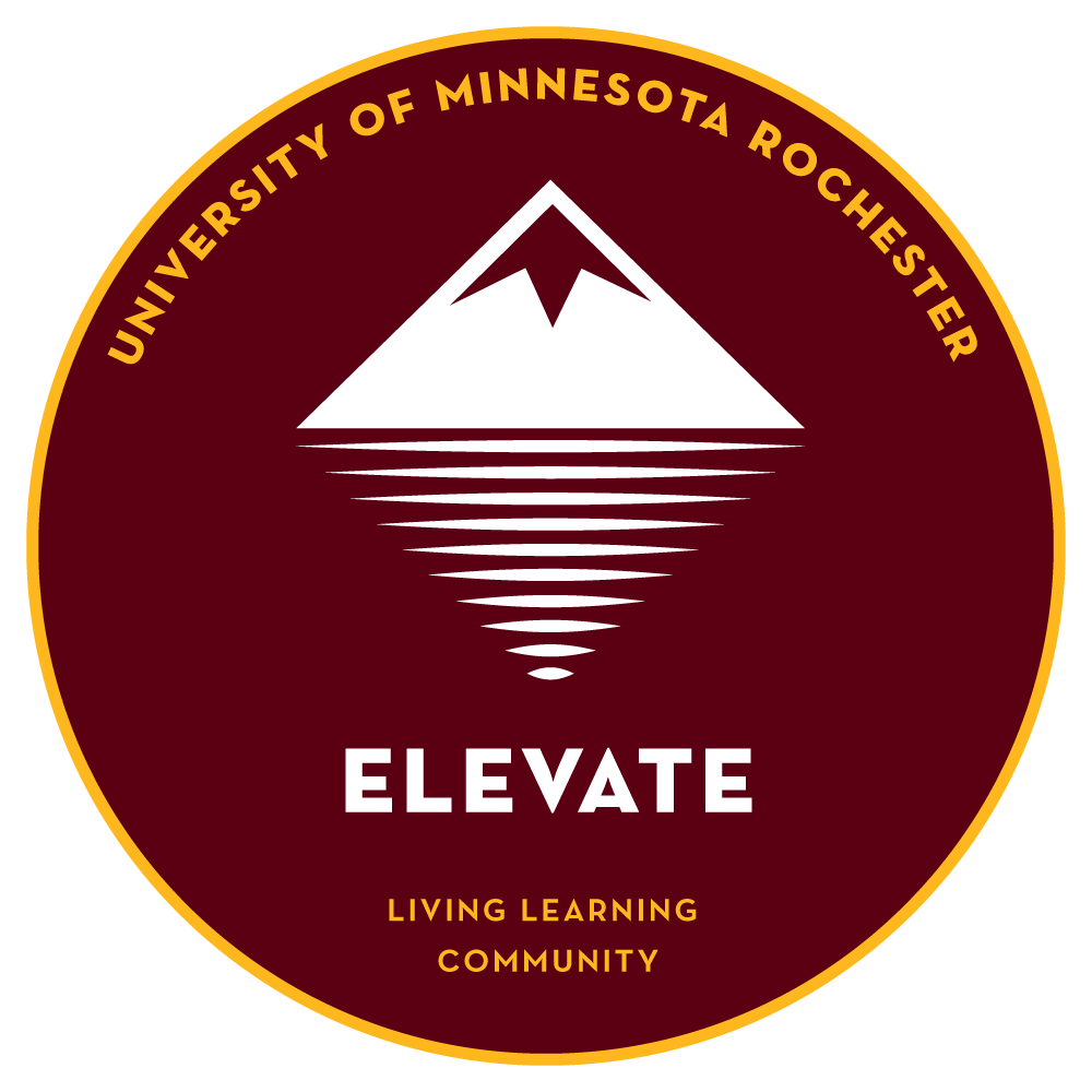 Circular emblem with maroon background and yellow border reads “University of Minnesota Rochester” and “Elevate.”