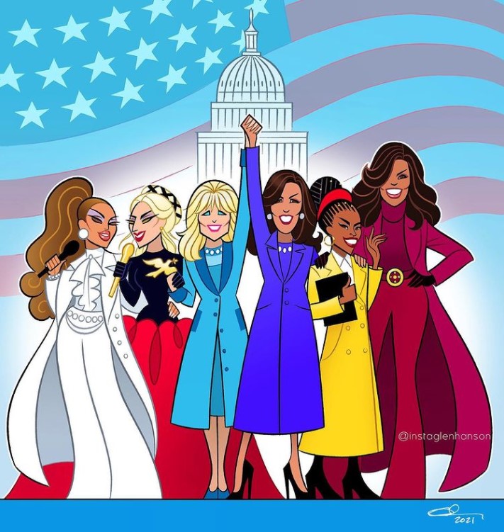 Cartoon of JLo, Lady Gaga, Dr. Biden, Kamala Harris, Amanda Gorman, and Michelle Obama